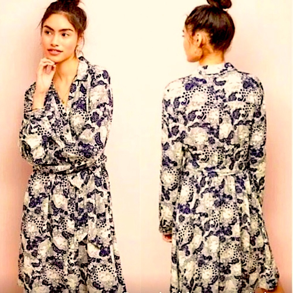 Anthropologie Navy and White Floral Wrap Dress
